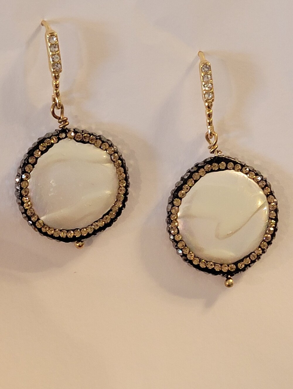Vintage Gold-Tone Drop Earrings with White Mother-of-Pearl Discs